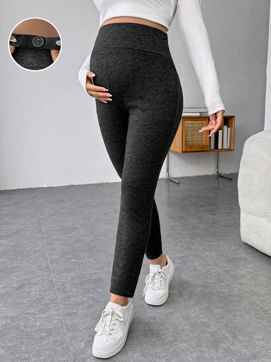 SHEIN Maternity Wide Waistband Solid Leggings - Dark Grey - View 1