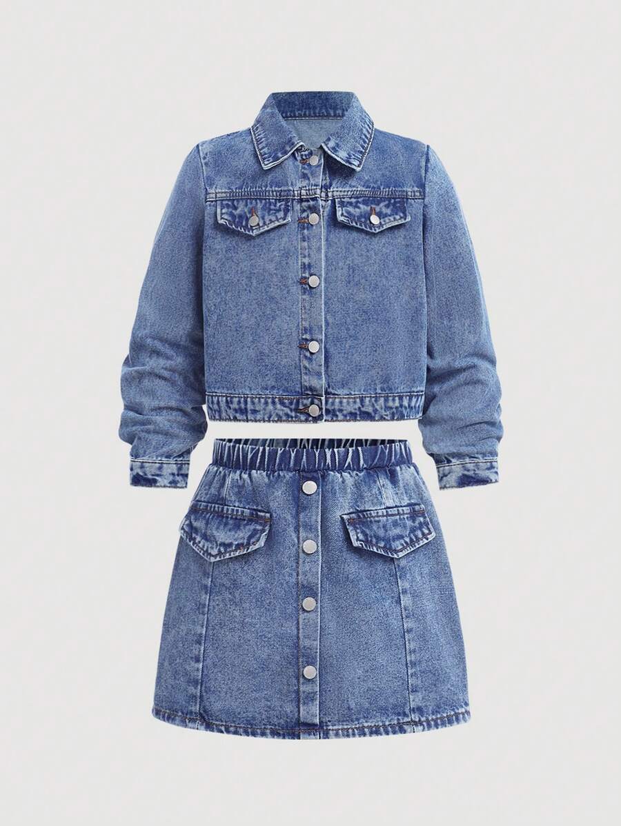 SHEIN Tween Girls Fashion Stonewashed 2pcs Blue Denim Jacket And Patch Pocket Denim Skirt Set, Girls Fall Clothes Back To School Outfits - Medium Wash - View 1