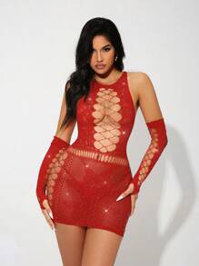 Vestido Lencero De Encaje Ahuecado Con Guantes - Rojo - Ver 3