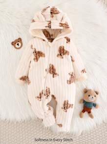 Cozy Pixies 新生儿男孩卡通熊连帽加厚睡衣连体衣 - 杏色 - 查看 1