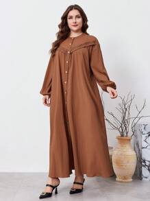 Al Najma 加大码长袖纯色纹理面料蕾丝边长袍连衣裙，朴素休闲衬衫长裙，适合旅行/休闲/居家/度假