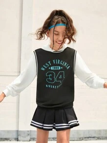 SHEIN 适合青少年女孩的超大款连帽衫，绿色运动图案印花，休闲宽松版型，适合滑板、篮球、羽毛球等运动，秋冬季穿着。 - 彩色 - 查看 8