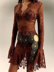 SHEIN Unity Sexy Paisley Pattern Lace V Neck Frill Cuff Long Sleeve Mini Dress - Brown - View 5