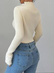 Chiquease Women's Solid Color Stand Collar Long Sleeve Patchwork Ruffled Hem Fitted Pullover Sweater, Autumn/Winter