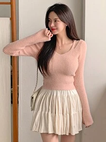 DAZY Women's V-Neck Open Shoulder Soft & Stretchy Fuzzy Bodycon Sweater,Fall Women Clothes - Pink - View 3