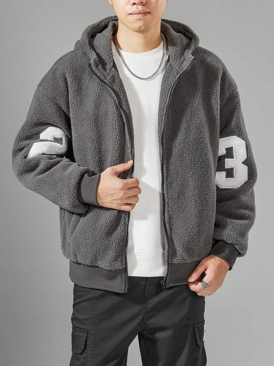 Manfinity Homme Áo khoác nam dài tay in chữ, trễ vai, có mũ trùm đầu, đệm, mùa thu đông - Xám - Xem 1