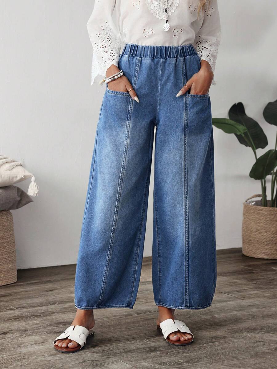 Quần Jeans Ống Rộng Co Giãn Có Túi Lưng Thun Cho Nữ - Màu xanh lam - Xem 1