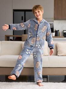 青少年男孩睡衣 - 蓝色简约舒适夜光恐龙毛绒长袖连帽连体衣（爸爸和我的配套服装 2 件单独出售） - 藍色 - 查看 7