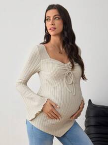 SHEIN Áo phông bà bầu tay loe phía trước có dây rút viền rau diếp viền bất đối xứng màu kaki xếp ly ngực viền vuông bỏ túi - màu nâu - Xem 5