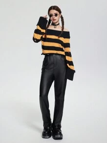 SHEIN Explorewe 1 件青少年女孩宽松圆领露肩两用针织毛衣，卷边喇叭袖口和破洞细节，橙色/黑色万圣节撞色，适合秋冬季，哥特式、时尚、标志性和街头风格，时尚短款宽松剪裁，非常适合休闲、旅行、聚会和派对场合 - 黑色 - 查看 5