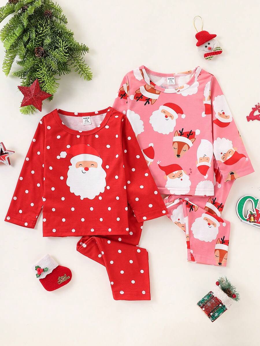 SHEIN Playful Pals 4 件套女婴可爱圣诞老人印花长袖圣诞套装，秋冬 - 彩色 - 查看 1