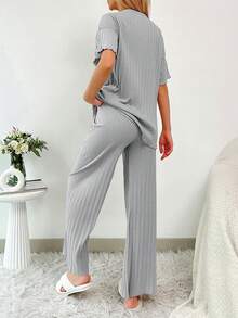 RueChic 2Pcs/Women's Button Details And Lettuce Trim Detail Homewear Lounge Set - Light Grey - View 2