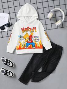 2pcs Boys' Casual Cute College Style White Hoodie With Cartoon & Letter Print And Blue Washed Straight Jeans Pants, 2-24M, Fall/Winter Outfit Set - White - View 4
