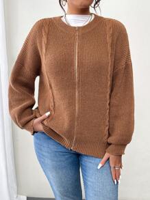 SHEIN LUNE Plus Size Plain Front Zip Long Sleeve Minimalist Casual Top - Khaki - View 6