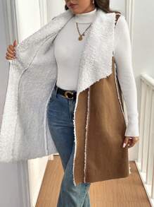 Flirla Plus Size Retro Fuzzy Suede Fur Sleeveless Vest Jacket, Autumn/Winter - Brown - View 6
