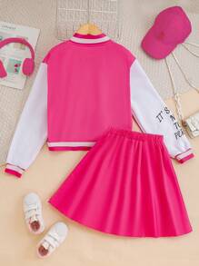 SHEIN 青少年女孩校队夹克，配色袖子和褶皱迷你裙休闲套装 - 玫紅色 - 查看 2