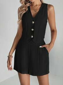 SHEIN Tall Solid Color Casual Vest Shorts Suit - Black - View 5