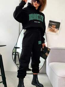INAWLY Bộ 2 áo hoodie và quần nỉ in chữ thường ngày cho nữ, mùa thu đông - màu đen - Xem 4