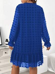 Celure Plus Size Women's Spring Summer Solid Color Tie Collar Long Sleeve Loose Straight Dress - Royal Blue - View 2