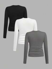 SHEIN ChillGRL 三件套少女休闲套装，收腰圆领修身短款长袖T恤，适合学校、校园、学院风秋冬穿着 - 彩色 - 查看 2