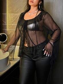 SHEIN Privé Blus Wanita Ukuran Plus dengan Hiasan Ruffle, Asimetris, Bahan Lurex Transparan, Lengan Panjang, Hitam, Cocok untuk Pesta dan Acara Kumpul-kumpul di Musim Gugur - Hitam - View 5