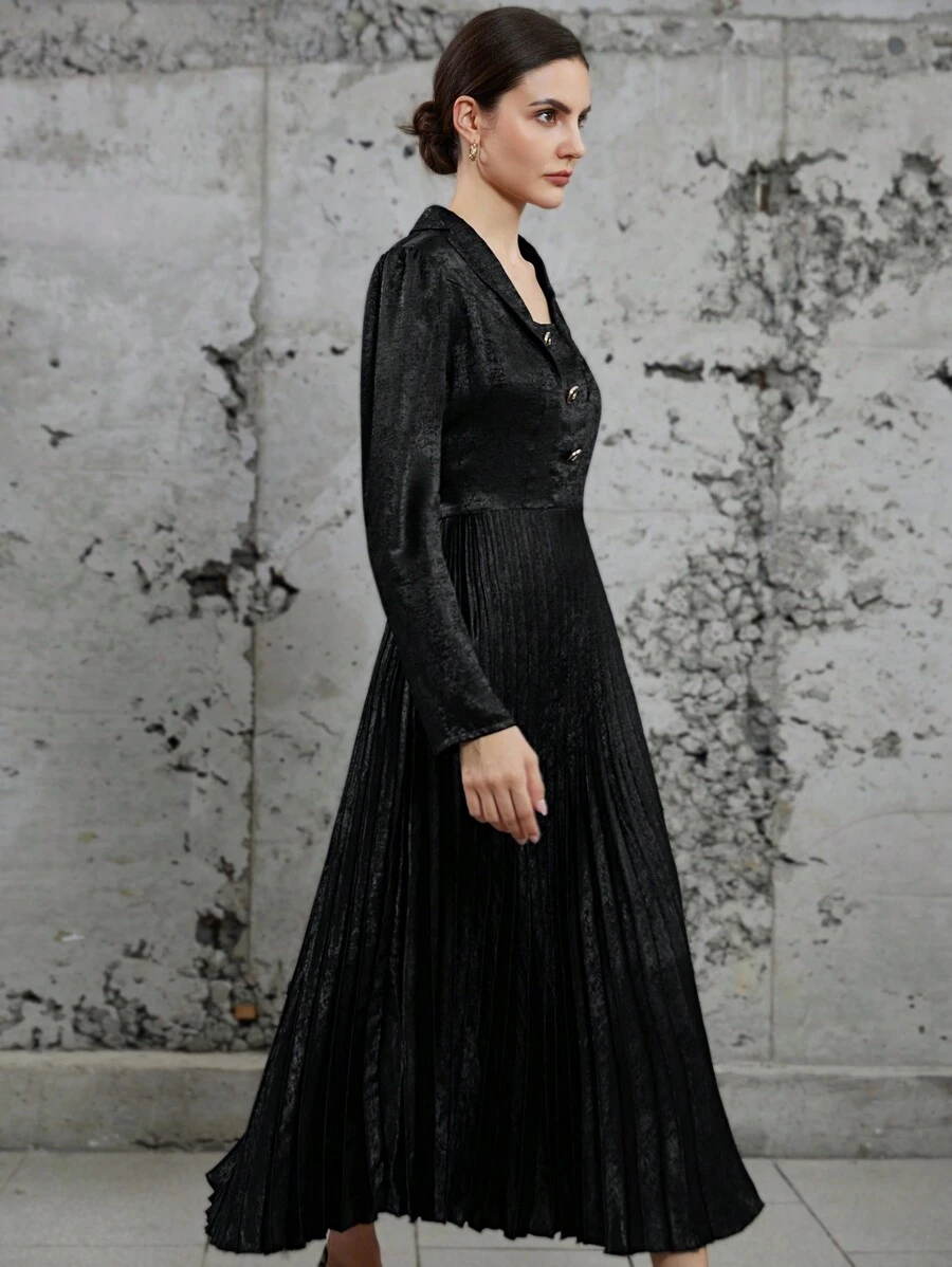 Aveloria Shiny Fabric Button Decorated Turndown Collar Pleated Cuff Long Sleeve Dress Fall Cloth For Women - Black - View 1