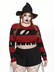 ROMWE Goth Pull court déchiré rayé rouge et noir pour l'Halloween, grande taille