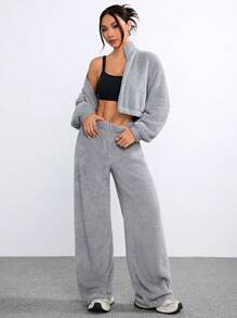 Muchica Women's Winter Streetwear Sherpa Fleece Zip Up Long Sleeve High Neck Coat& Pants Going Out Sets ,2pcs - Beige - View 3