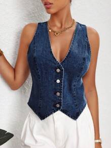 SHEIN Essnce 女式春夏单排扣 V 领休闲牛仔夹克 - 深色水洗藍 - 查看 1