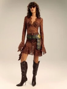 SHEIN Unity Sexy Paisley Pattern Lace V Neck Frill Cuff Long Sleeve Mini Dress - Brown - View 4