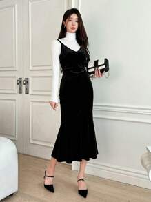 DAZY Women's Elegant Thermal Lined Solid Color Spaghetti Strap Midi Dress, Autumn