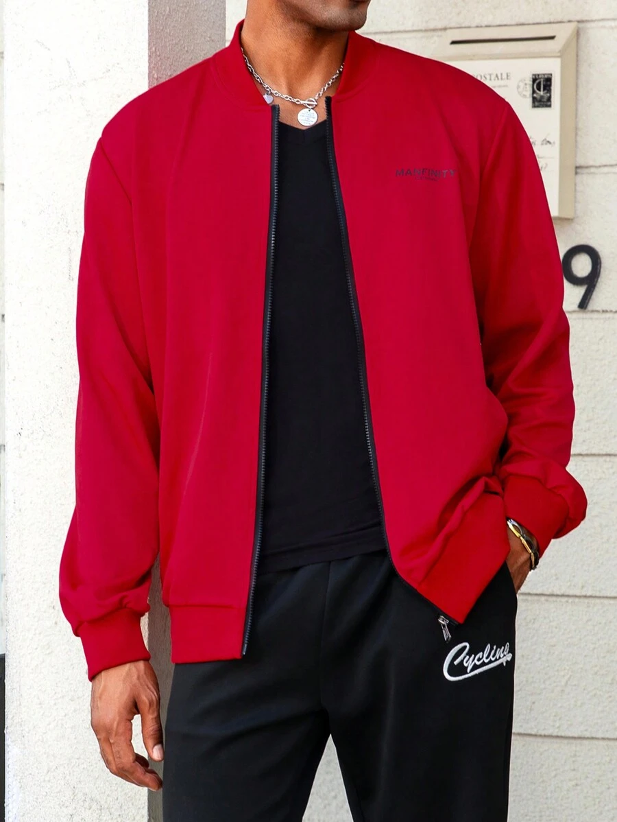 Manfinity Homme Men Spring And Autumn Casual Letter Printed Baseball Collar Jacket - Red - View 1