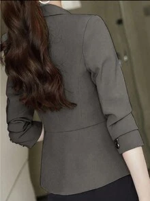 Women Plain Single-Breasted Elegant Suit Jacket - Dark Grey - View 2