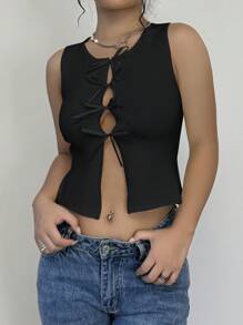 SHEIN Frenchy 女士春秋纯色系带镂空无袖性感针织上衣 - 黑色 - 查看 4