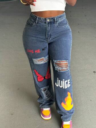 年轻休闲美式印花牛仔裤