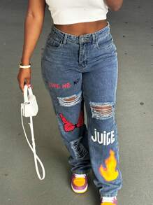 Young Casual American Style Graphic Print Jeans Spring - Dark Wash - View 7