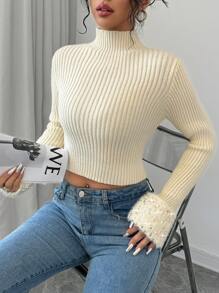 Chiquease Women's Solid Color Stand Collar Long Sleeve Patchwork Ruffled Hem Fitted Pullover Sweater, Autumn/Winter
