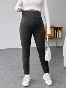 SHEIN Maternity Wide Waistband Solid Leggings - Dark Grey - View 3