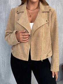 SHEIN VCAY Chaqueta corta minimalista con cremallera delantera y manga larga para vacaciones, talla grande - Caqui - Ver 5