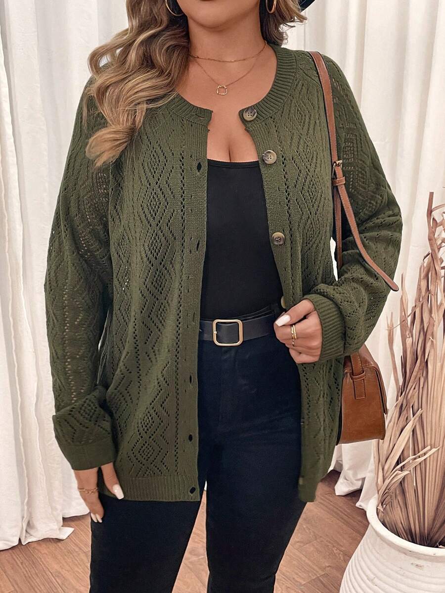 SHEIN VCAY 大码女式穿孔长袖开衫，秋装套装