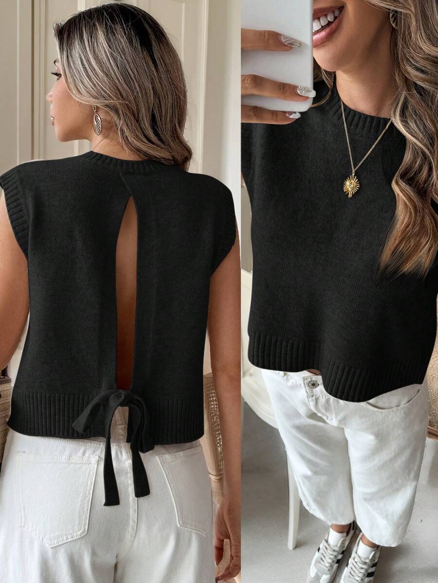 Serisse 女式露背系带花卉网眼针织毛衣背心 - 黑色 - 查看 1