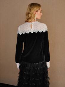 MOTF PREMIUM VELVET CONTRAST LACE YOKE BLOUSE - Black - View 4