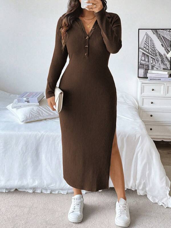 Vionelle Vestido largo de talla grande con cuello en V acanalado de punto de un solo color, con botón y abertura en los muslos para mujer, conjunto de ropa de mujer maxi