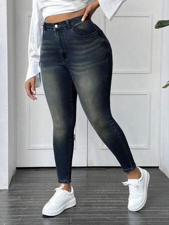 SHEIN EZwear Damen Jeans in großen Größen mit Taschen, skinny, Lässig, vielseitig einsetzbar