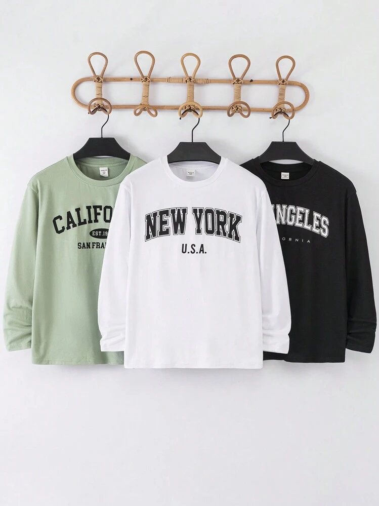 SHEIN Leap Crew Juego de 3 camisetas de punto con cuello redondo y estampado de letras casual urbano para niños preadolescentes, 1 negra/blanca, 1 verde, adecuado para ir y venir, escuela, uso casual diario, vacaciones, deportes, primavera, verano, otoño, invierno - Multicolor - Añade 2