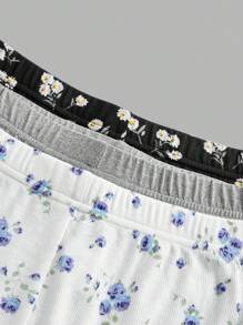 SHEIN EZwear 3pcs Women's Ditsy Floral With Solid Color High Waisted Skinny Flared Pants Set, Suitable For Autumn Suitable For Going Out - Multicolor - View 8