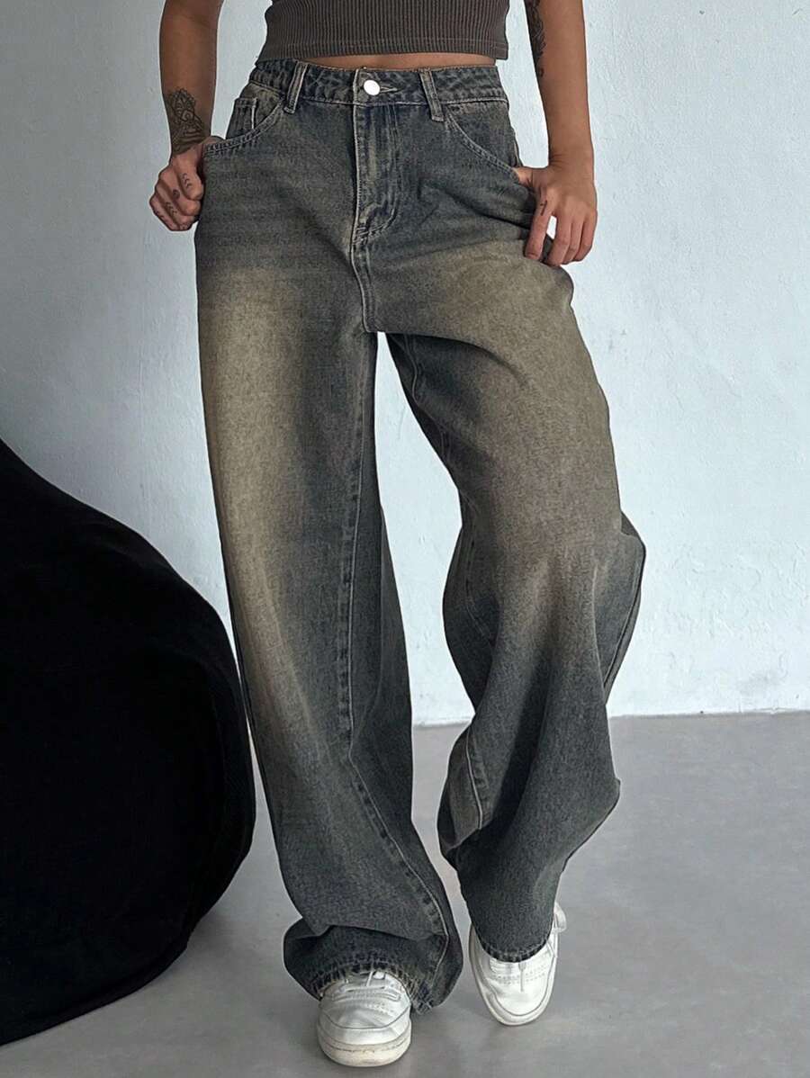 DAZY Quần Jeans Dài Xòe Rộng Cho Nữ - Màu xanh bụi bặm - Xem 1