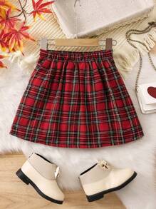 圣诞节少女优雅红色格子面料心形口袋 A 字裙 - 彩色 - 查看 2
