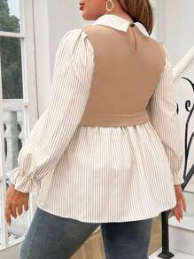 Nubod Plus Size Women Casual Patchwork Striped Mock 2 Pieces Top For Spring And Autumn Fall Cloth For Women - Khaki - View 2