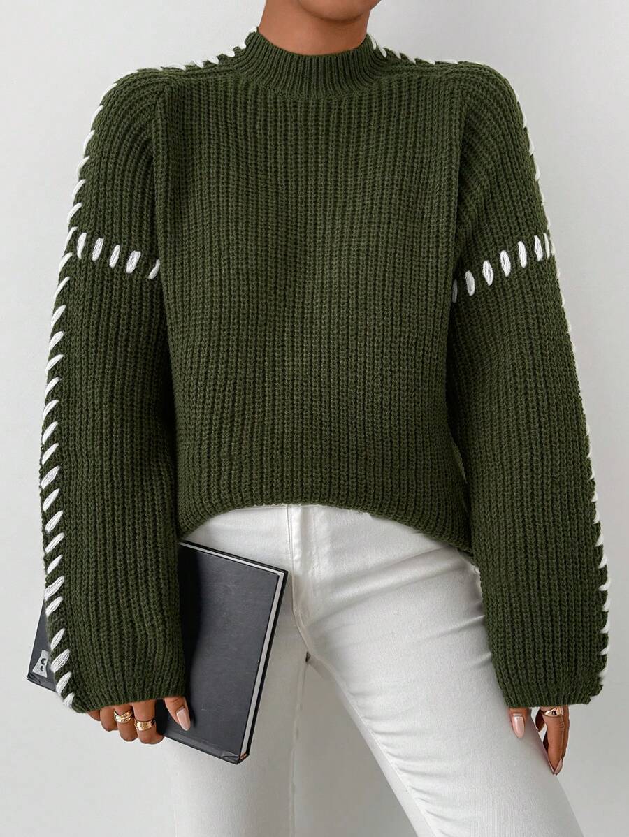 Chiquease Women Shoulder Strap Sleeves Crochet Rope Turtleneck Long Sleeve Sweater - Army Green - View 1